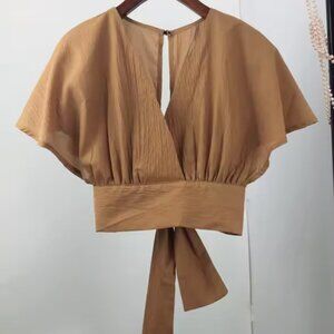 Summer Chiffon Blouse Wrap Front V Neck Bow Tied Back Khaki Color